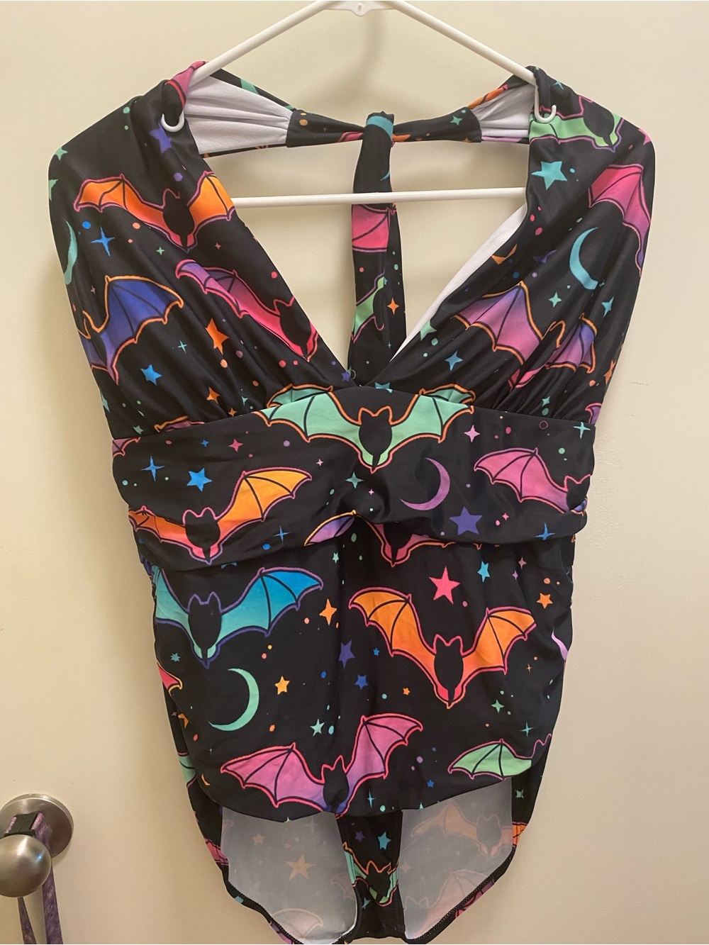 Womens goth One-Piece Swimsuit with Neon Bat Print - Black